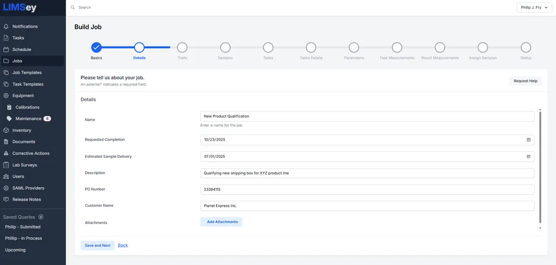 Building a job with samples and tests in LIMSey