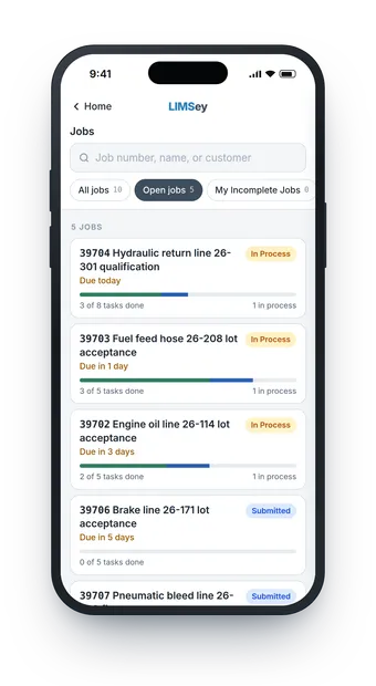 LIMSey mobile jobs list showing open jobs with status, due date, and task progress