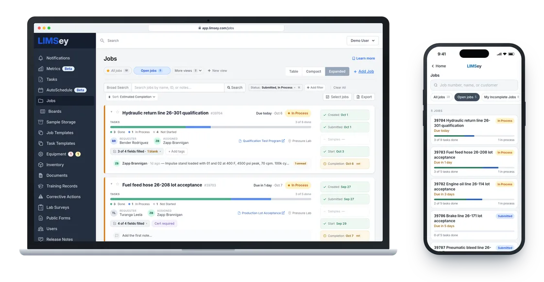 LIMSey's jobs list on a laptop and the same open jobs on the mobile jobs screen